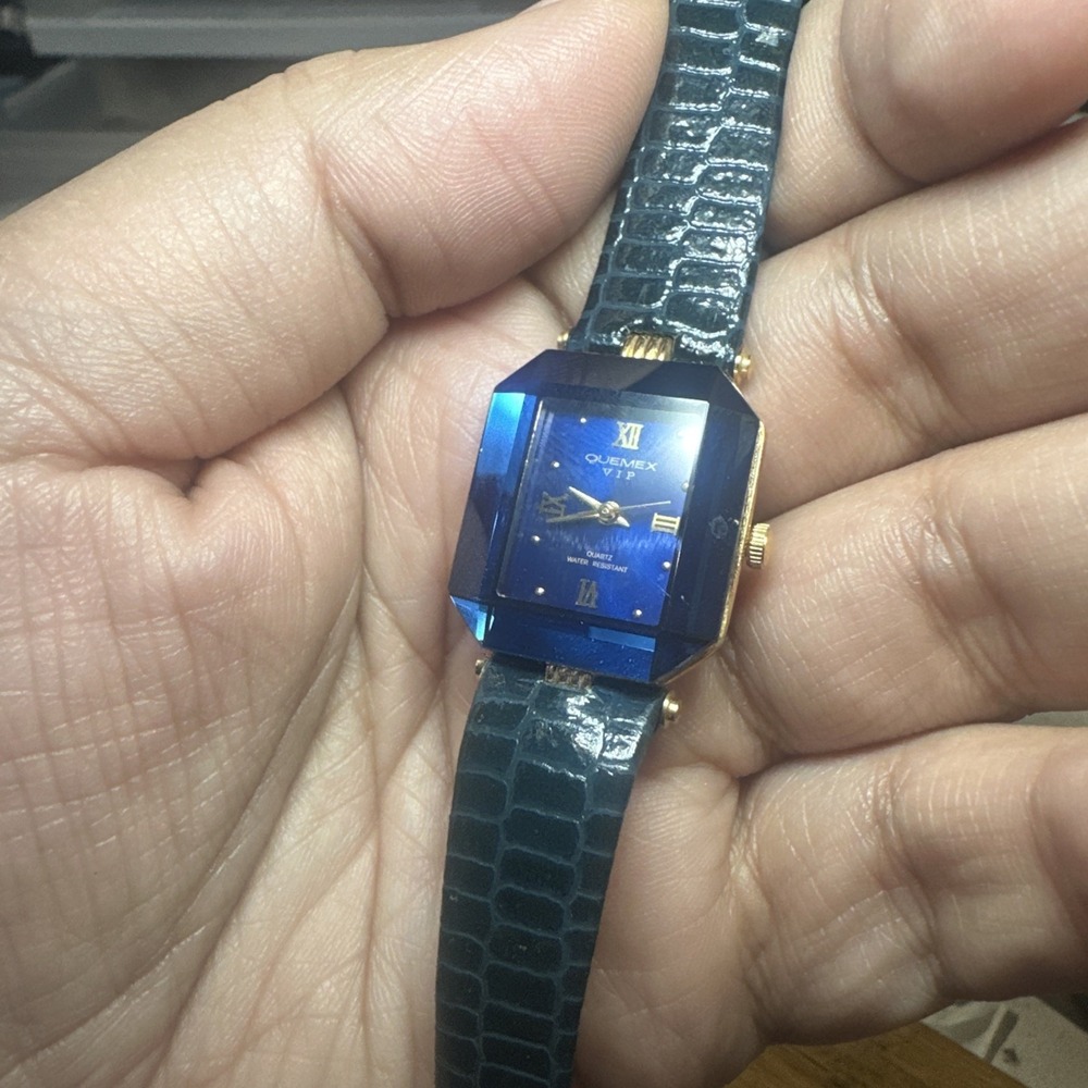 Working Quemex 18K Gold Plated Blue/Gold Dainty Ladies QUARTZ Watch 22mm Fit 6in
